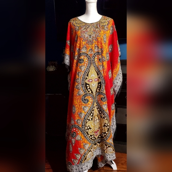 Long Loose Kaftan Jeweled- TRIBAL ,Beach Cover-Up /Maxi Dress Women's One Size - Picture 1 of 6